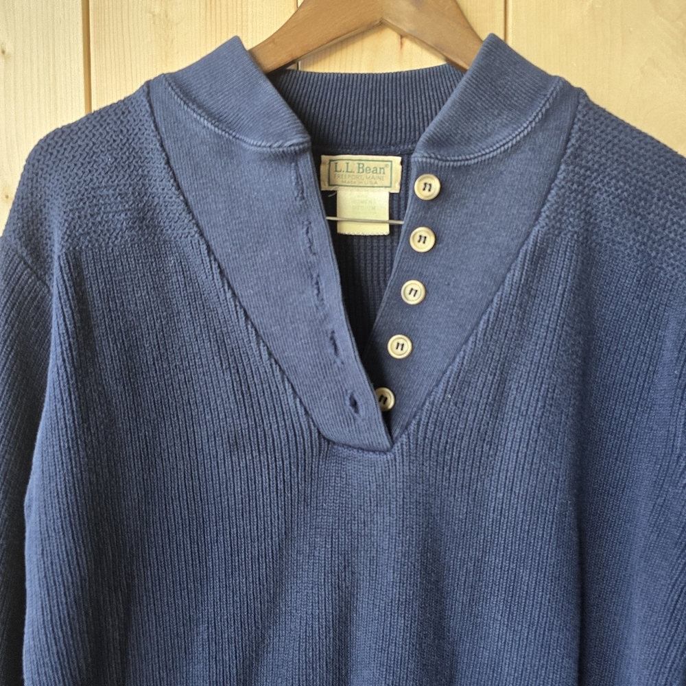 Vintage LL Bean Navy Blue Cotton Knit Button Sweater Womens Medium - Picture 2 of 10